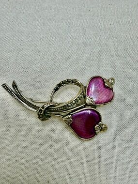 Vintage Marcasite Pink Heart Floral Brooch -